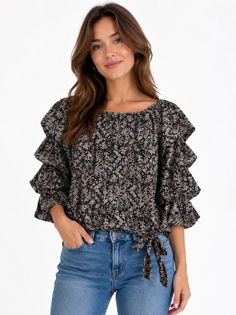 CeCe women's floral off shoulder top/blouse with tiered puffed sleeves size XS/S